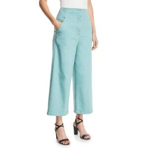 Tibi 'Demi' Wide Leg Cropped Pants Garment-Dyed Twill Blue-Green Aqua Size 10